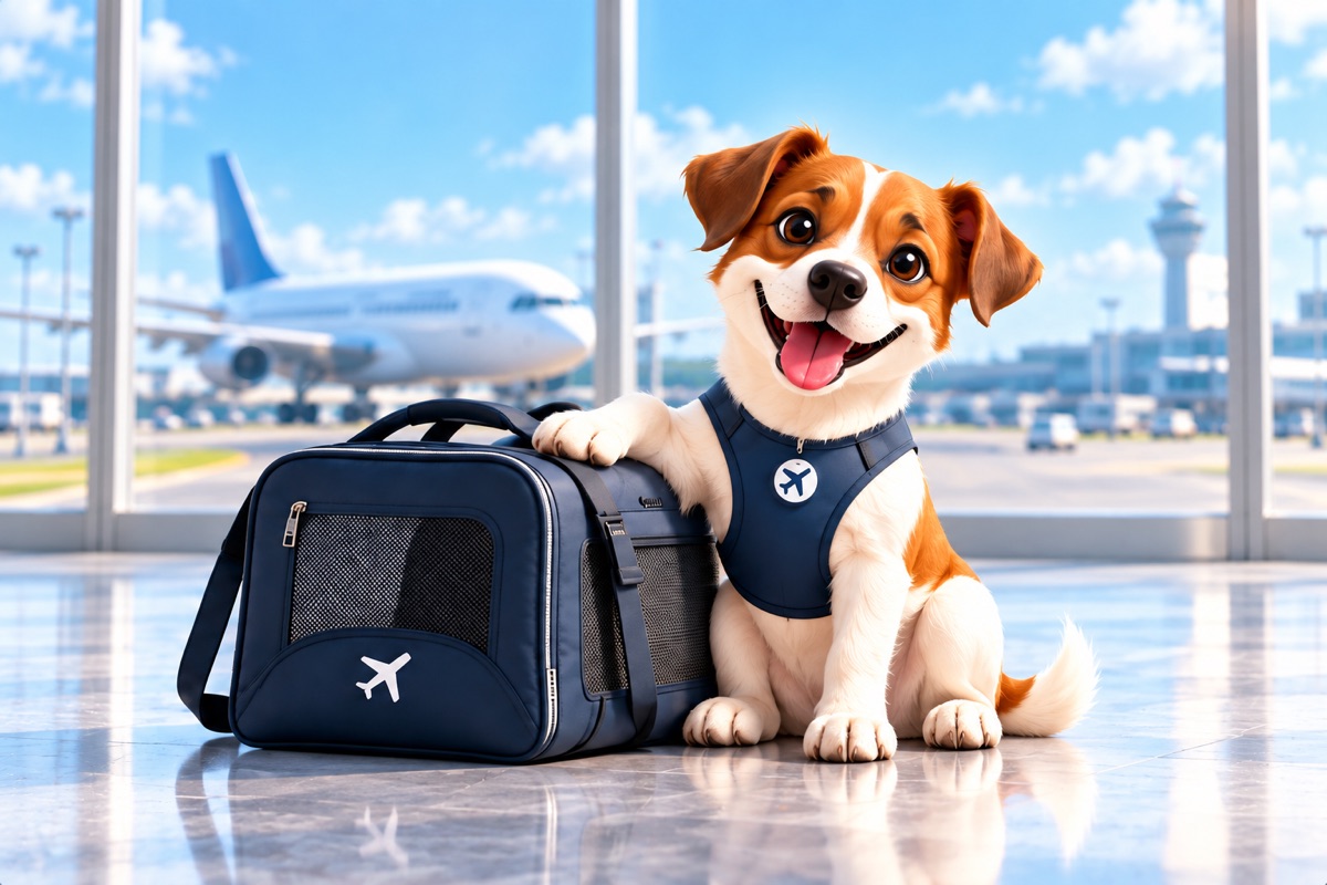 A cheerful brown-and-white cartoon dog wearing a travel harness, with a paw on a navy carrier at the airport.